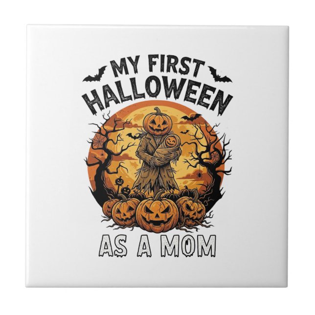 First Halloween As Mum Pumpkin Scarecrow Baby Moon Tile (Front)