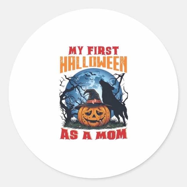 First Halloween As Mum Pumpkin Wolf Moon_1 Classic Round Sticker (Front)