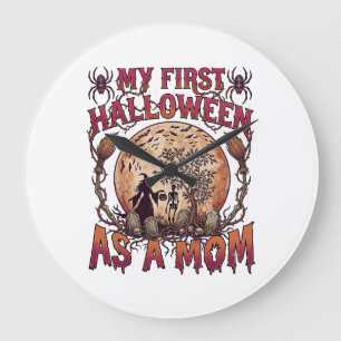 First Halloween As Mum Witch Skeleton Moon_1 Large Clock