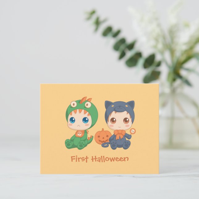First Halloween Babies Black Cat Dragon Costume Postcard (Standing Front)