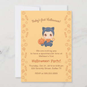 First Halloween Baby Cute Black Cat Party Invitation
