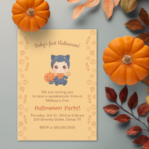 First Halloween Baby Cute Black Cat Party Invitation