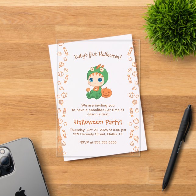 First Halloween Baby Cute Dragon Dinosaur Party Acrylic Invitations (Insitu (Invitation Card))