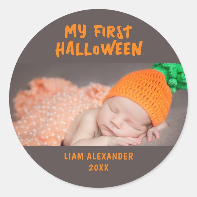 First Halloween Baby Photo Grey Classic Round Sticker (Front)