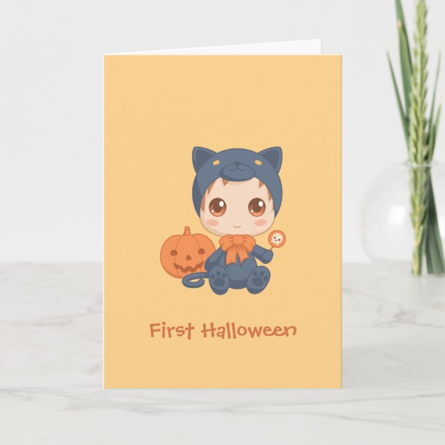 First Halloween Cute Baby Black Cat Costume Card (Front)