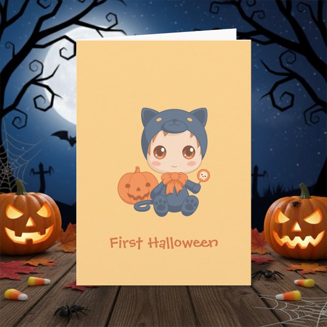 First Halloween Cute Baby Black Cat Costume Card (Creator Uploaded)