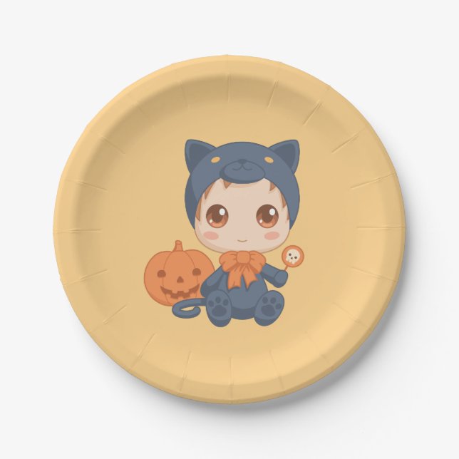 First Halloween Cute Baby Black Cat Costume Paper Plate (Front)