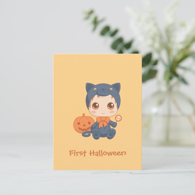 First Halloween Cute Baby Black Cat Costume Postcard (Standing Front)