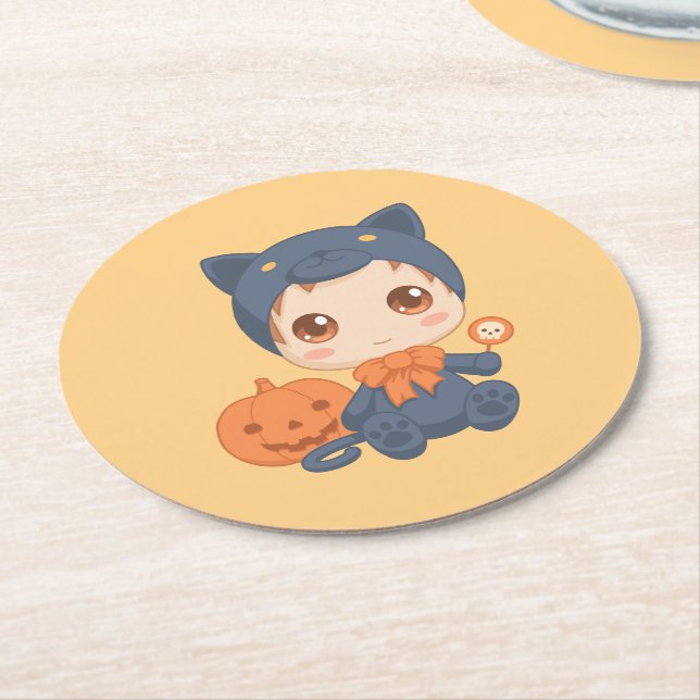 First Halloween Cute Baby Black Cat Costume Round Paper Coaster (Angled)
