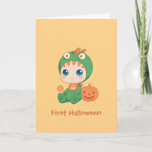 First Halloween Cute Baby Dragon Dinosaur Costume Card (Front)