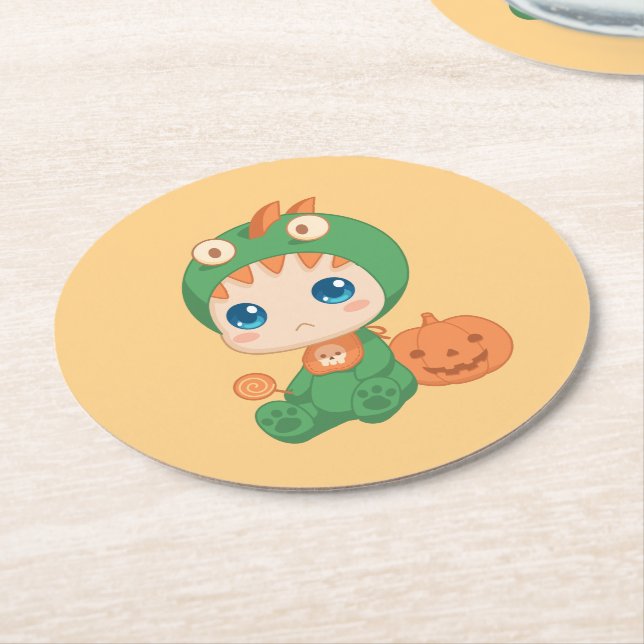 First Halloween Cute Baby Dragon Dinosaur Costume Round Paper Coaster (Angled)