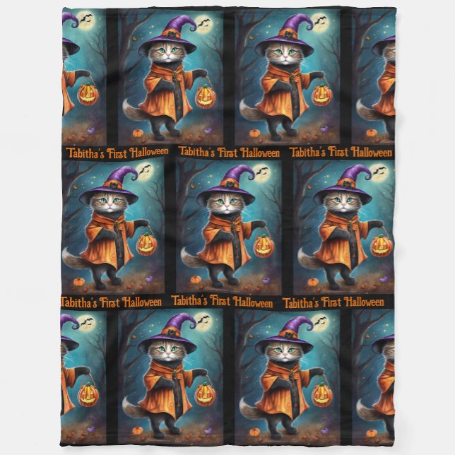 First Halloween Cute Witch Cat Add Baby Name Fleece Blanket (Creator Uploaded)