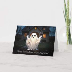 First Halloween in New Home Cute Ghost Wine Holiday Card