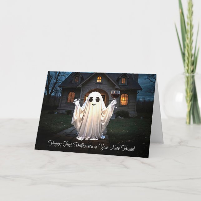 First Halloween in New Home Cute Ghost Wine Holiday Card (Front)