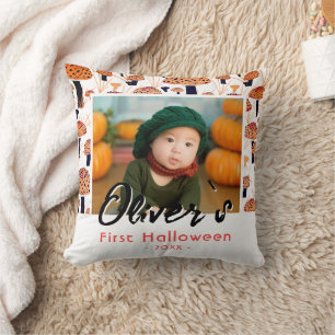 First Halloween Orange Mushroom Fall Photo Cushion