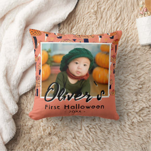 First Halloween Orange Mushroom Fall Photo  Cushion