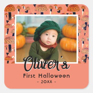 First Halloween Orange Mushroom Fall Photo Square Sticker