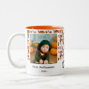 First Halloween Orange Mushroom Fall Photo  Two-Tone Coffee Mug