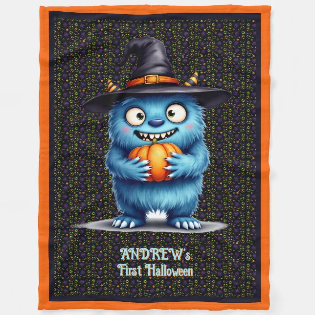 First Halloween Personalise Name Cute Monster Fleece Blanket (Creator Uploaded)