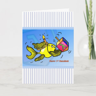 First Hanukkah funny cute fish with dreidel CARD