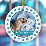 First Hanukkah Pet Kitten Photo Turquoise Paw Cute Ceramic Tree Decoration<br><div class="desc">“My First Hanukkah.” Celebrate your new pet’s arrival this past year! A turquoise blue banner with your pet’s name and year in whimsical white typography overlays your kitten or puppy’s custom photo. A playful border of turquoise blue paw prints and Stars of David against white surrounds it. Feel the warmth...</div>