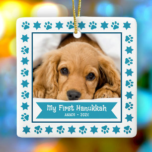 First Hanukkah Pet Puppy Photo Turquoise Paws Cute Ceramic Ornament