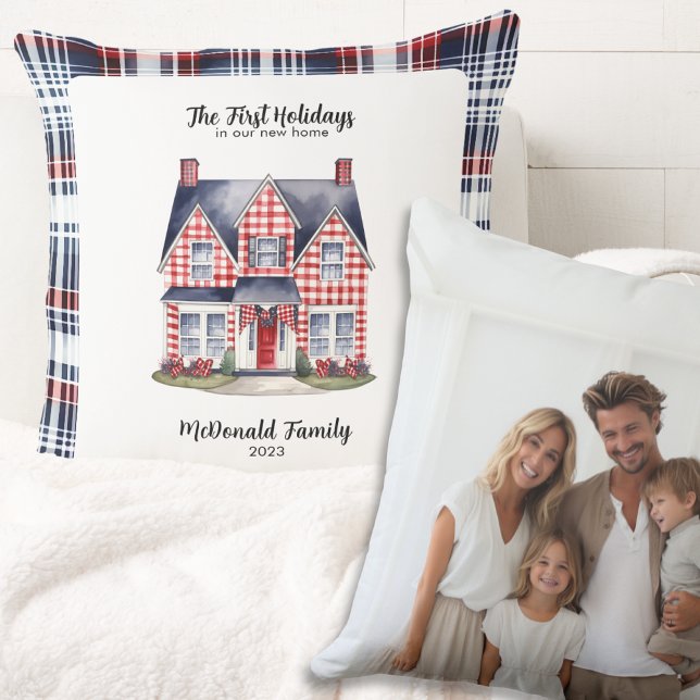 First Holidays New Home Rustic Lux Plaid Navy Red Cushion (Navy Red White First Holidays in new home watercolor house name date pillow home decor rustic chic)
