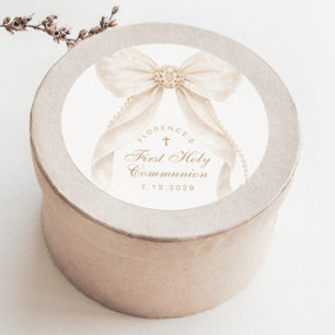 First Holly Communion Gold Cross Ivory Bow Classic Round Sticker