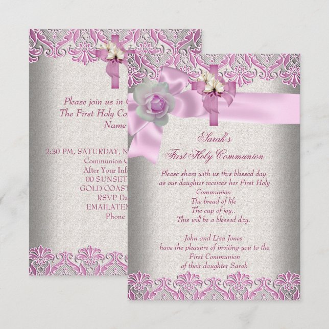 First Holy Communion 1st Cross Girls Cream Pink Invitation (Front/Back)