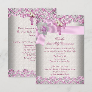 First Holy Communion 1st Cross Girls Cream Pink Invitation