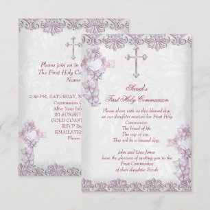 First Holy Communion 1st Cross Girls Damask Pink Invitation