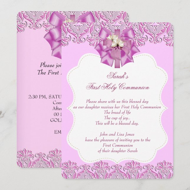 First Holy Communion 1st Cross Girls Lace Pink Invitation (Front/Back)