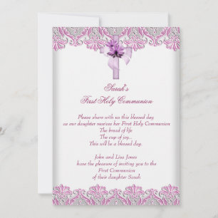 First Holy Communion 1st Cross Girls Pink Lilac Invitation