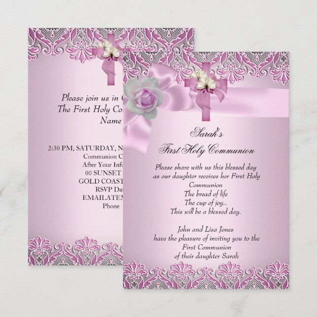 First Holy Communion 1st Cross Girls Pretty Pink Invitation (Front/Back)