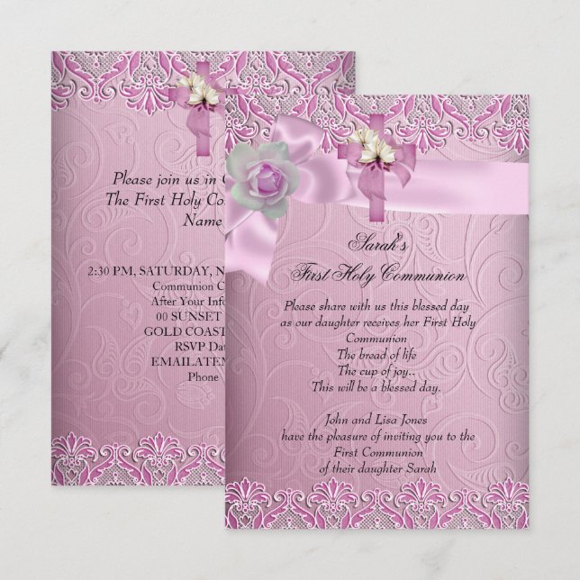 First Holy Communion 1st Cross Girls Pretty Pink Invitation (Front/Back)