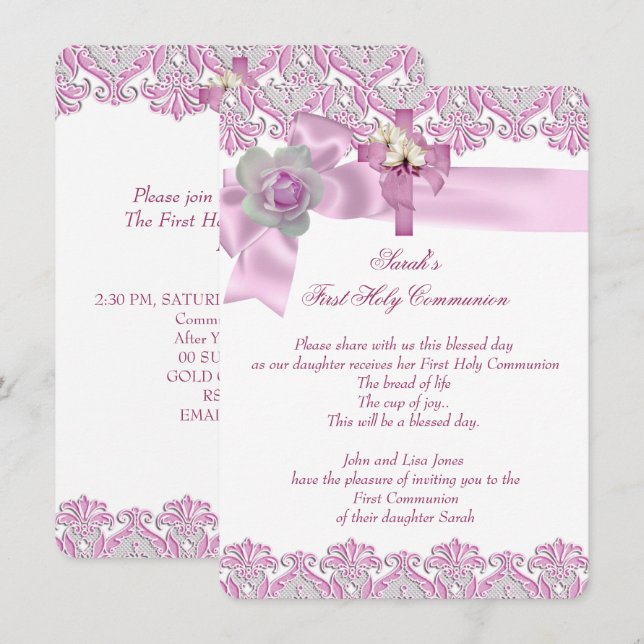 First Holy Communion 1st Cross Girls White Pink 2 Invitation (Front/Back)
