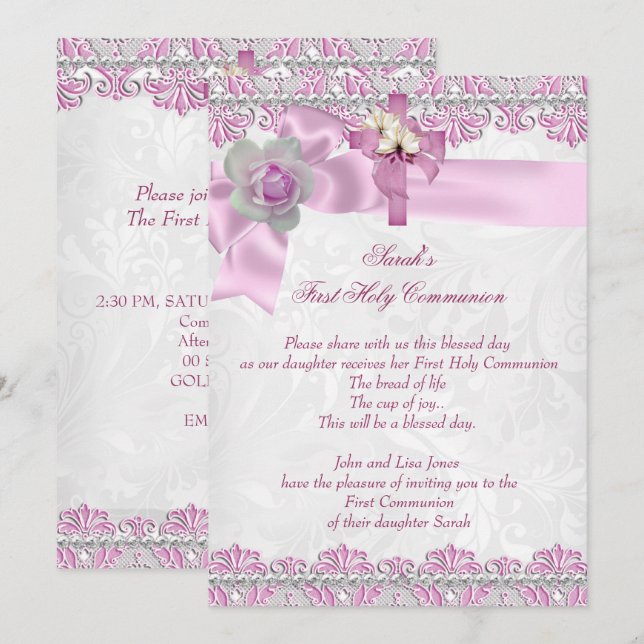 First Holy Communion 1st Cross Girls White Pink 2 Invitation (Front/Back)