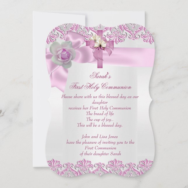 First Holy Communion 1st Cross Girls White Pink 2 Invitation (Front)