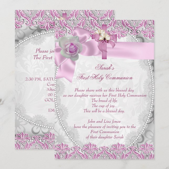 First Holy Communion 1st Cross Girls White Pink 3 Invitation (Front/Back)