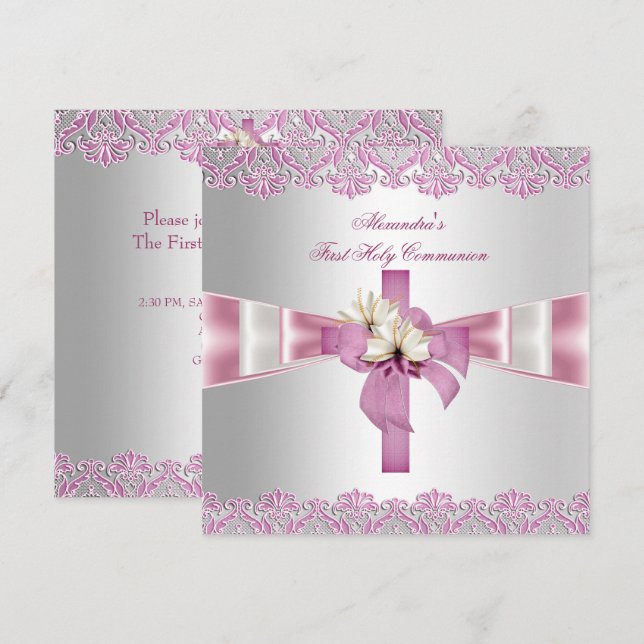 First Holy Communion 1st Cross Girls White Pink Invitation (Front/Back)