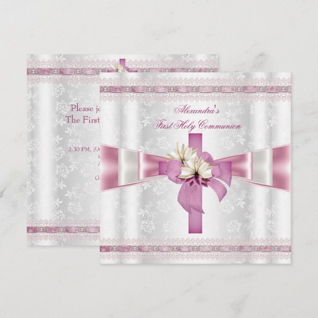 First Holy Communion 1st Cross Girls White Pink Invitation (Front/Back)