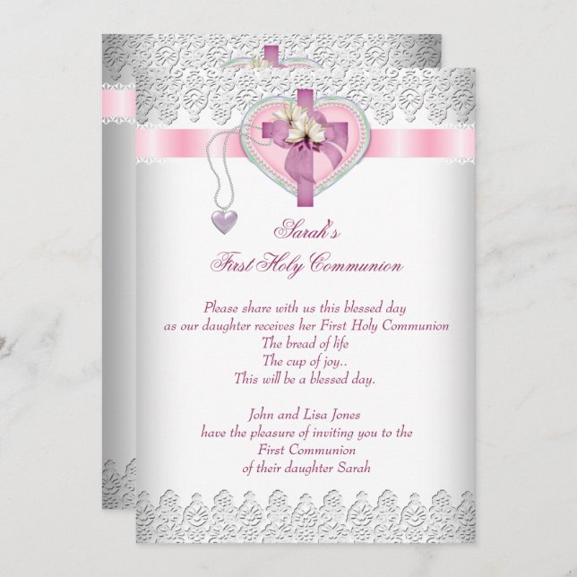 First Holy Communion 1st Cross Girls White Pink Invitation (Front/Back)
