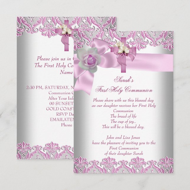 First Holy Communion 1st Cross Girls White Pink Invitation (Front/Back)