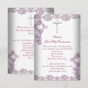 First Holy Communion 1st Cross Girls White Pink Invitation