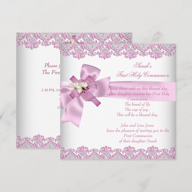 First Holy Communion 1st Cross Girls White Pink Invitation (Front/Back)