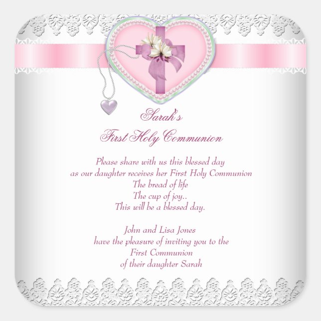 First Holy Communion 1st Cross Girls White Pink Square Sticker (Front)