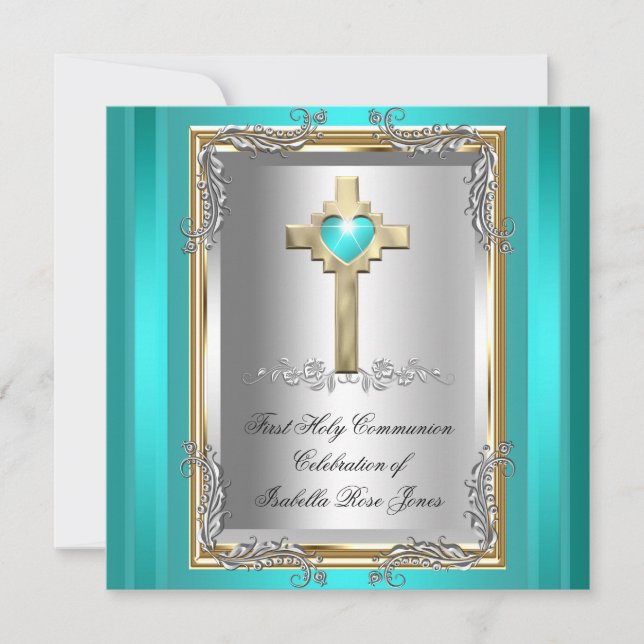 First Holy Communion 1st Girl Boy Cross Teal Blue Invitation (Front)