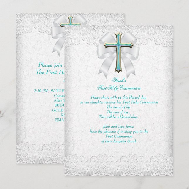 First Holy Communion 1st Girls Cross Aqua Teal 3 Invitation (Front/Back)