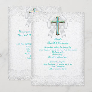 First Holy Communion 1st Girls Cross Aqua Teal 3 Invitation