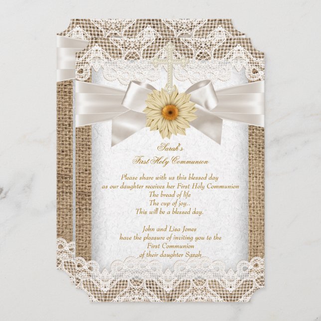 First Holy Communion 1st Girls Cross Burlap Lace Invitation (Front/Back)